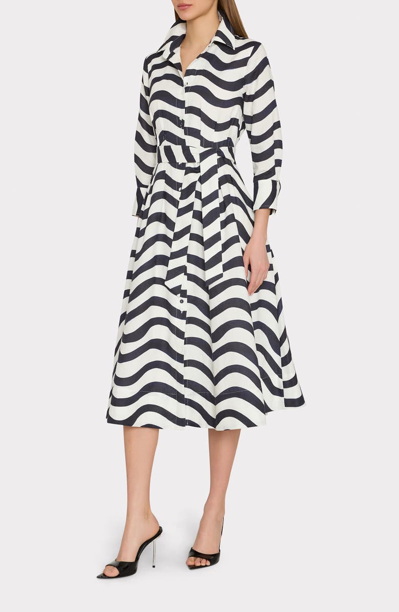 Milly Lexi Stripe Tie Waist Long Sleeve Midi Shirtdress, Main, color, Navy/ White