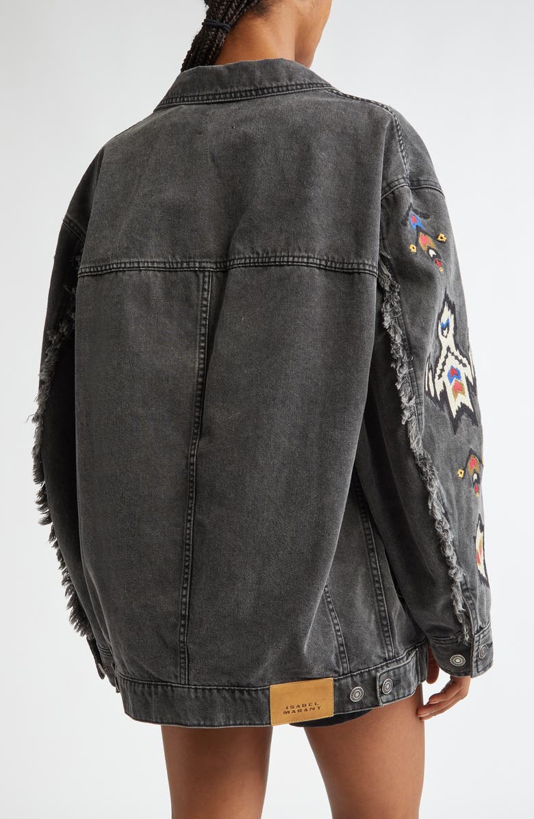 Isabel Marant Étoile Manona Embroidered Fringe Detail Denim Trucker Jacket, Alternate, color,