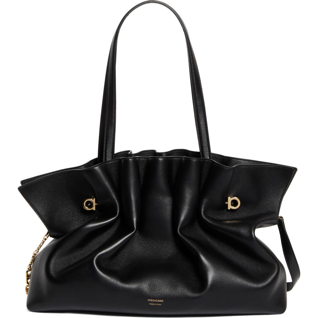 Shop Ferragamo Gancio Piercing Soft Leather Shoulder Bag In Nero