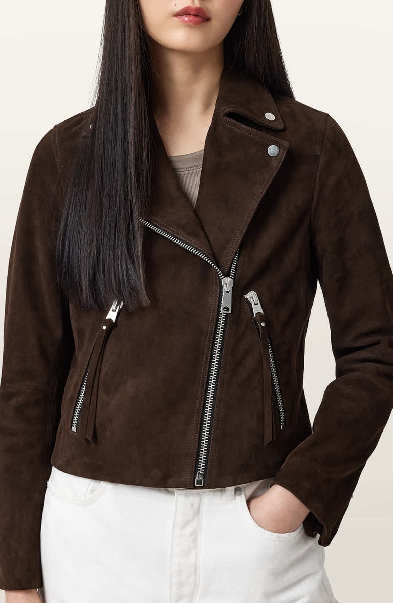 AllSaints Dalby Suede Moto Jacket, Main, color, Fango Brown