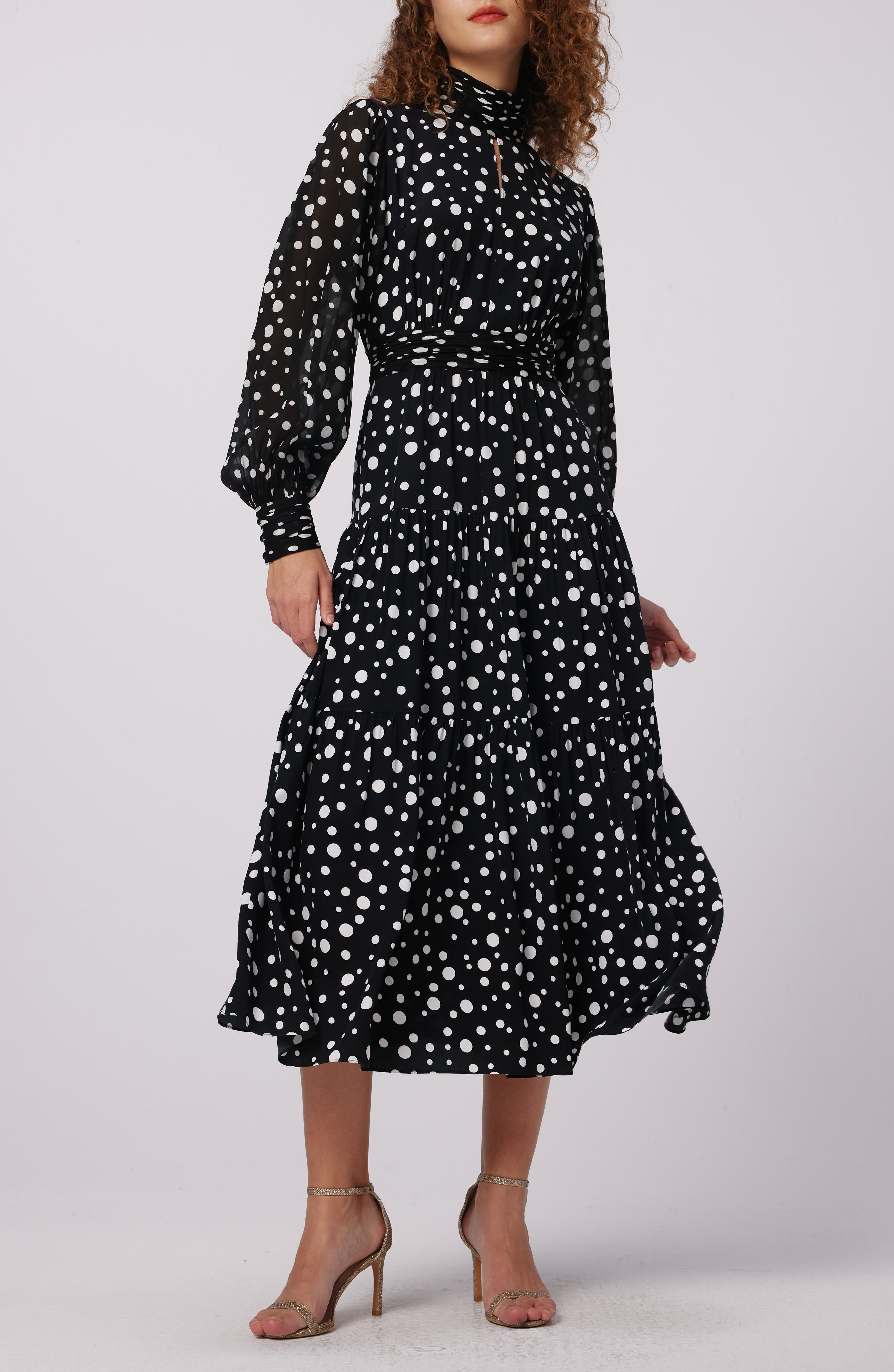 Dai Mixed Dot Print Long Sleeve Midi Dress