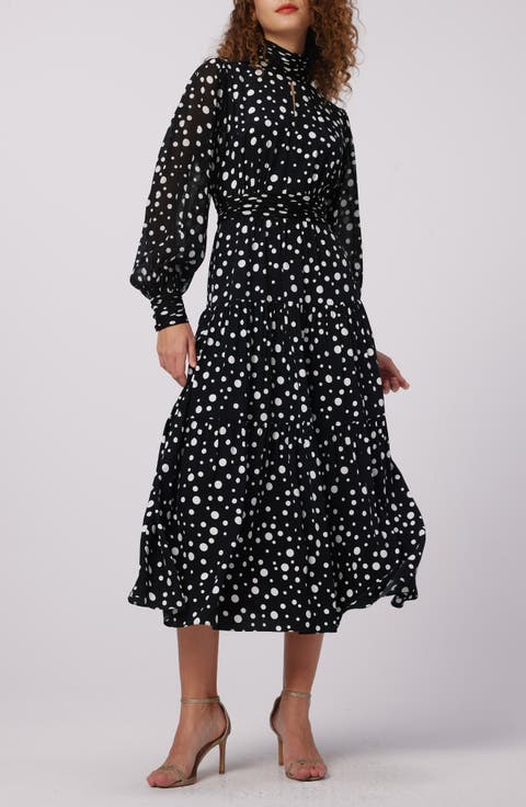 Dai Mixed Dot Print Long Sleeve Midi Dress