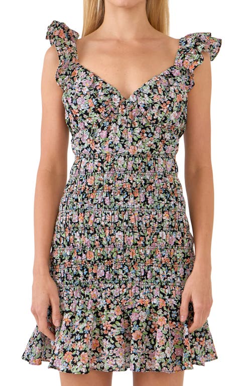 Free The Roses Floral Smocked Cotton Minidress In Black Multi