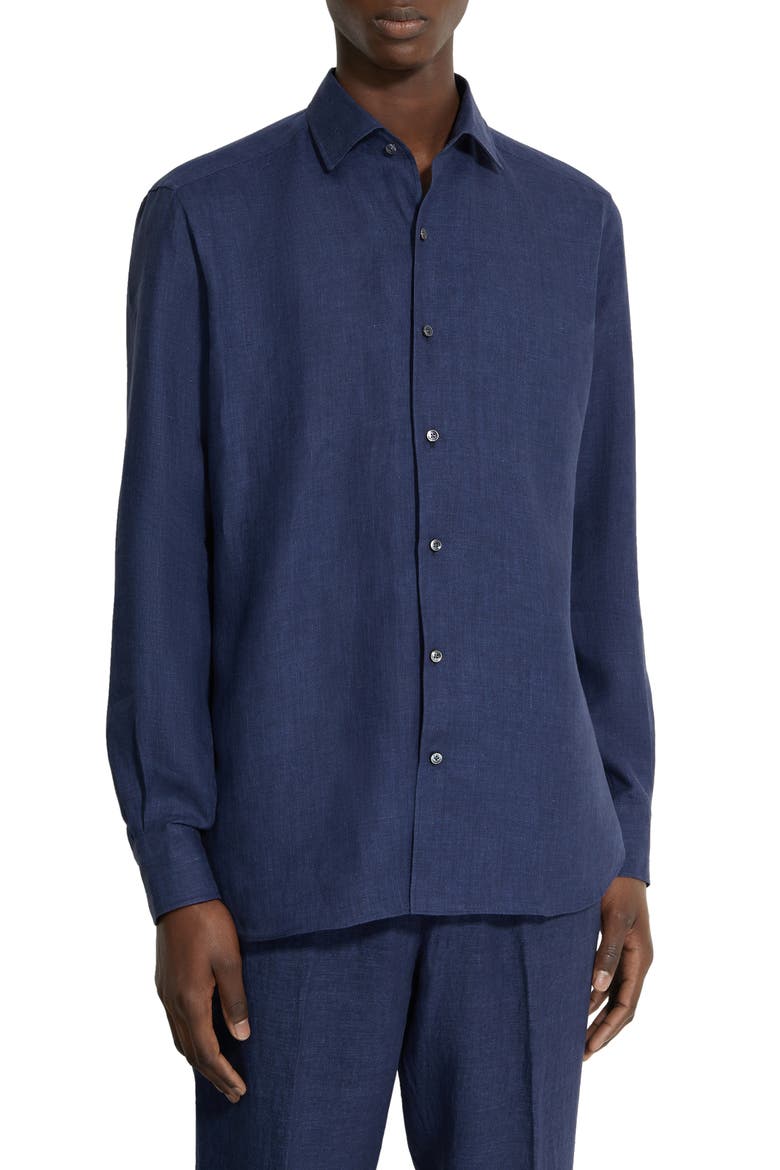 Oasi Linen Button-Up Shirt, Main, color, NAVY