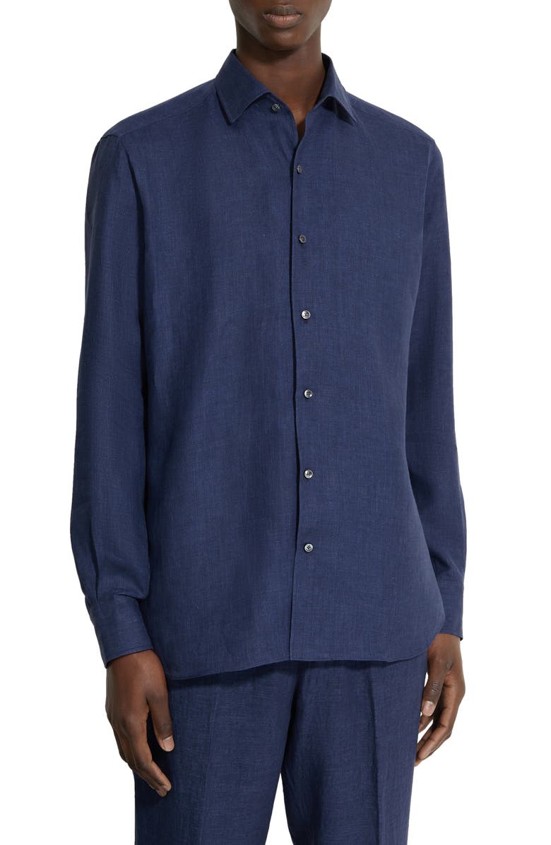 ZEGNA Oasi Linen Button-Up Shirt, Main, color, Navy