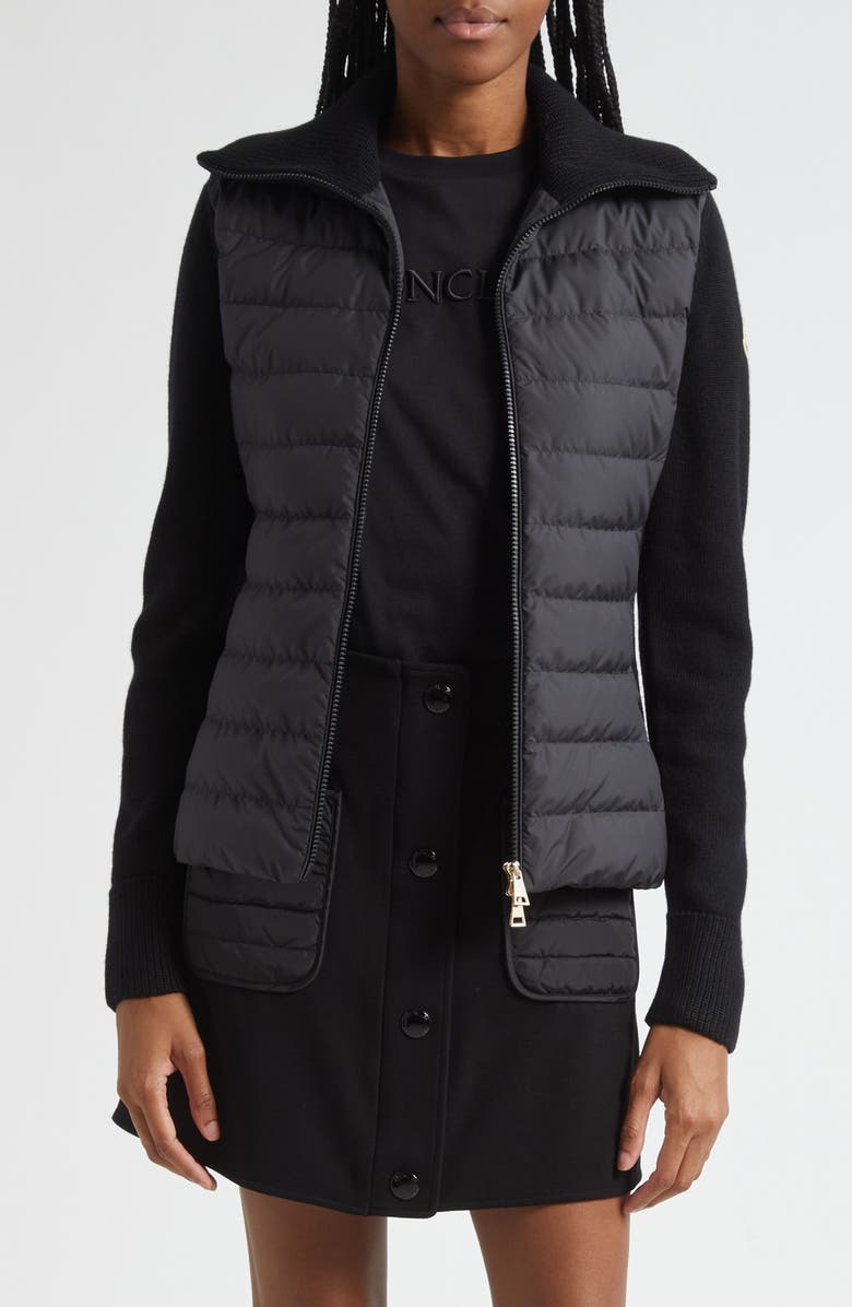 Moncler Virgin Wool Knit & Quilted Down Cardigan, Main, color, Black