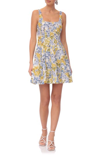 Avec Les Filles Linen Blend Fit & Flare Minidress In Pansy Floral