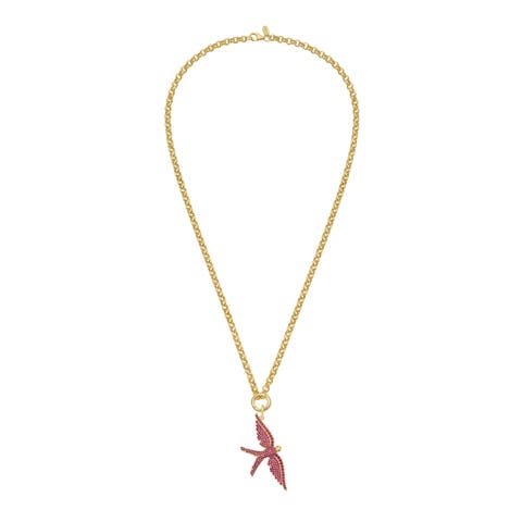 14K Gold Wings of Love Ruby Swallow Charm Rolo Necklace