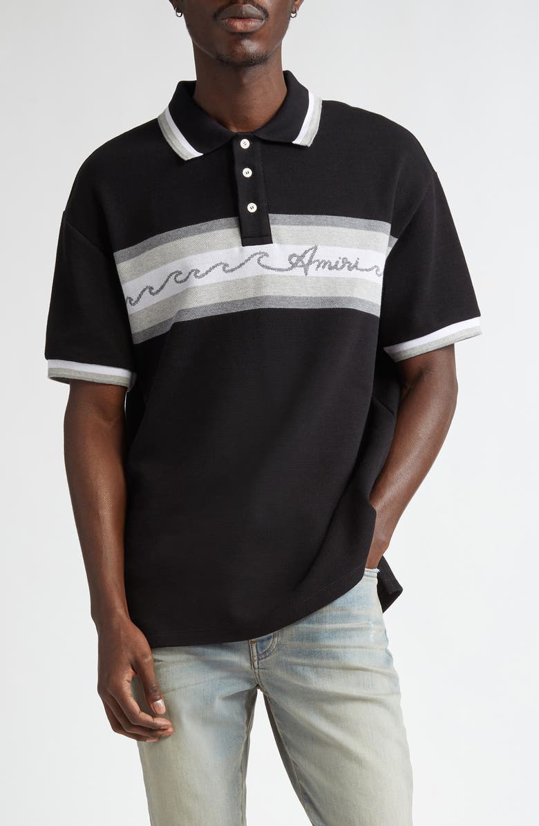 AMIRI Wave Baja Stripe Piqué Knit Polo, Main, color, Black