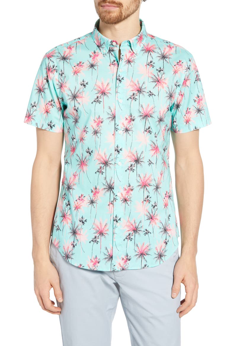 Riviera Slim Fit Palm Print Shirt, Main, color, PALM TREES AQUA