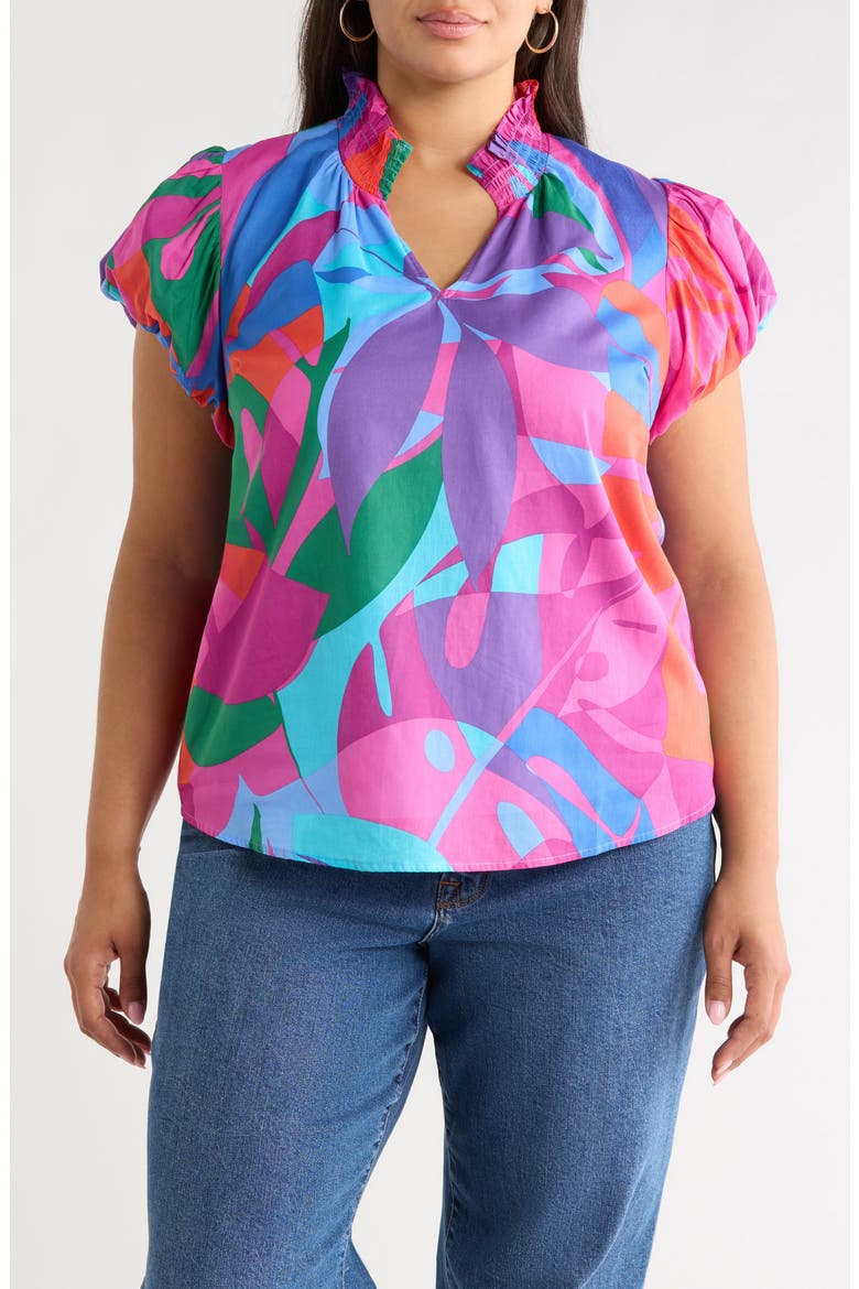 Vemmy Abstract Smocked Trim Top, Main, color, MAGENTA-BLUE-GREEN