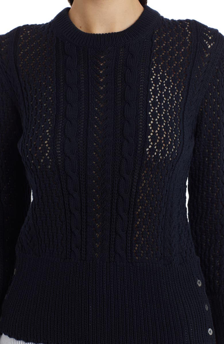 Thom Browne Cable & Pointelle Knit Crewneck Sweater, Alternate, color, 
