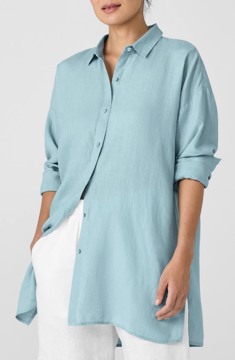 Eileen Fisher Classic Long Organic Linen Button-Up Shirt, Alternate, color, Seafoam