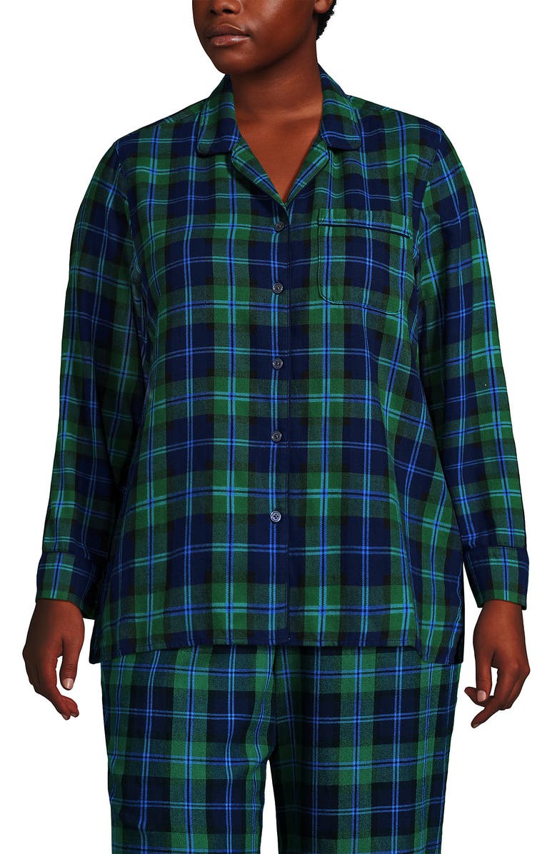 Lands' End Long Sleeve Print Flannel Pajama Top, Main, color, Light Emerald Blackwatch