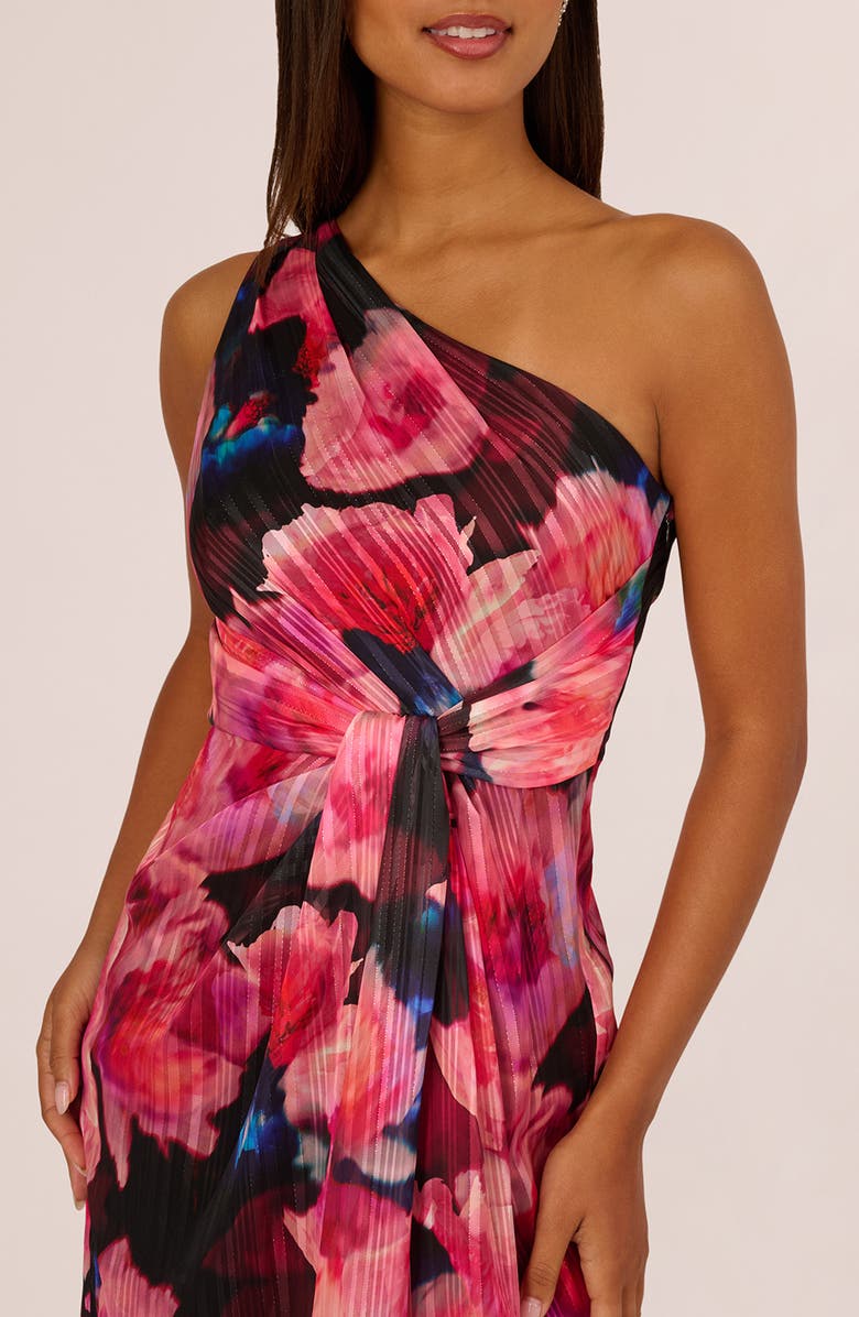 Adrianna Papell Pleated Floral One-Shoulder Chiffon Gown, Alternate, color, Black/Berry