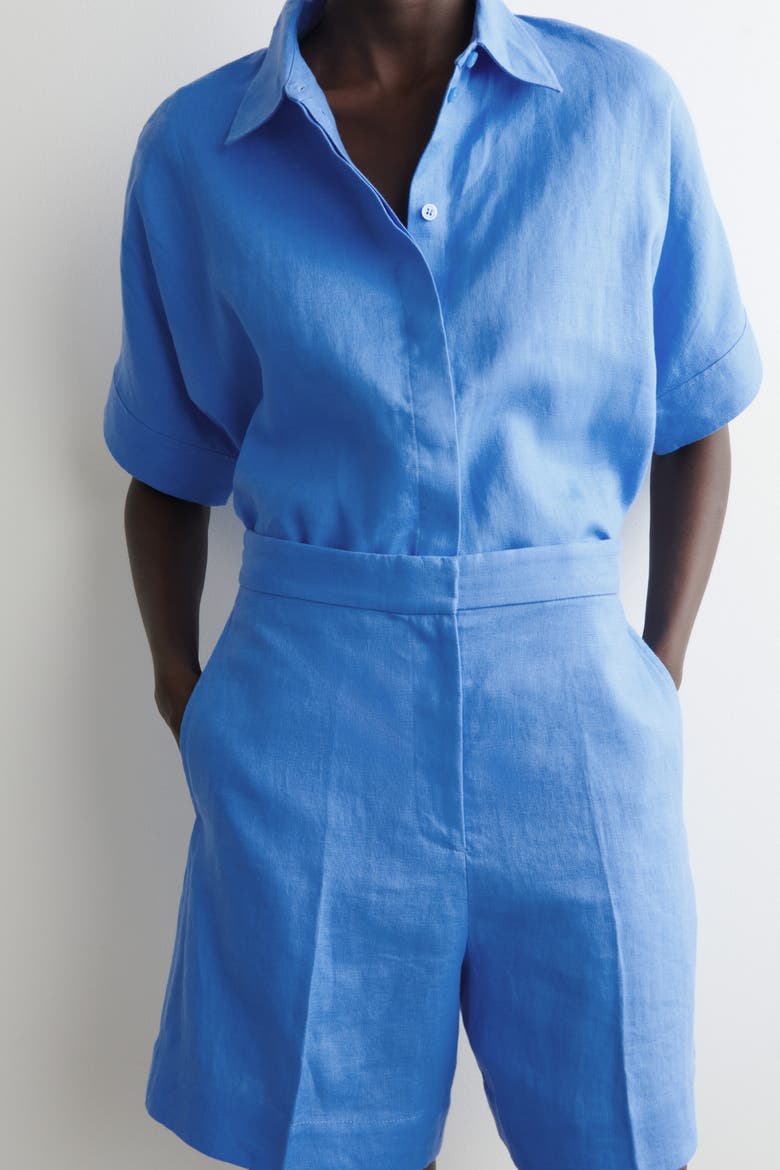 Tailored Elasticated Linen Shorts, Alternate, color, BLUE