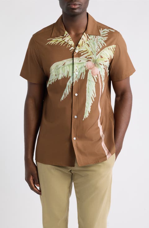Placed Palm Tree Print Short Sleeve Performance Camp Shirt