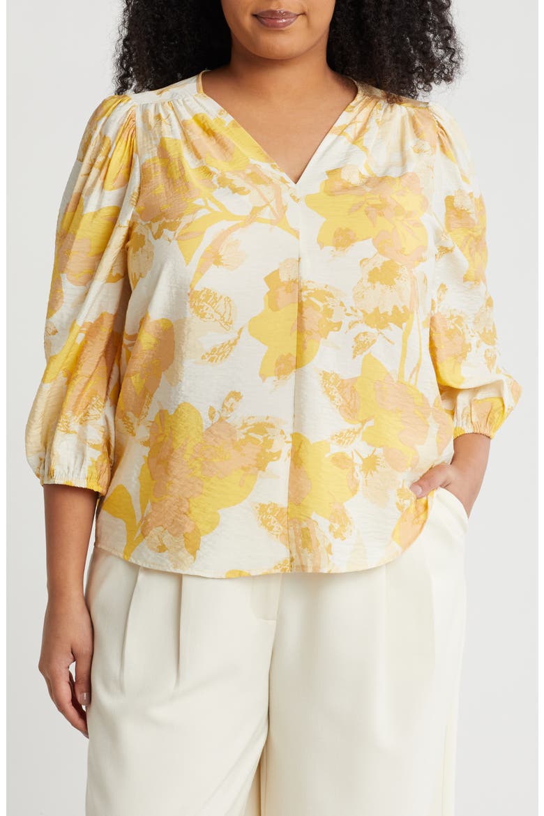Floral V-Neck Three-Quarter Sleeve Top, Main, color, YELLOW