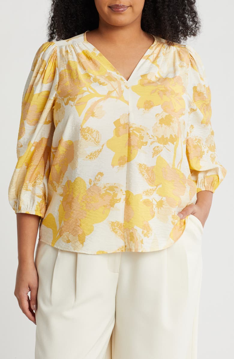 Renee C Floral V-Neck Three-Quarter Sleeve Top, Main, color, Yellow
