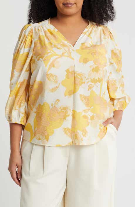 Renee C Floral V-Neck Three-Quarter Sleeve Top