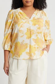 Renee C Floral V-Neck Three-Quarter Sleeve Top