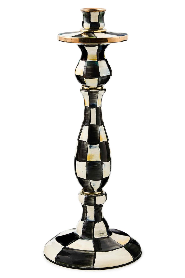 Courtly Check Large Enameled Steel Candleholder, Alternate, color, BLACK/ WHITE