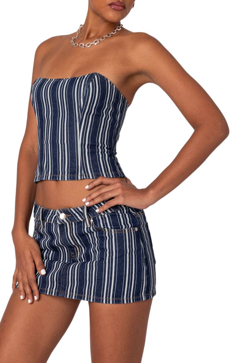 EDIKTED Inex Stripe Denim Crop Corset Top, Alternate, color, 