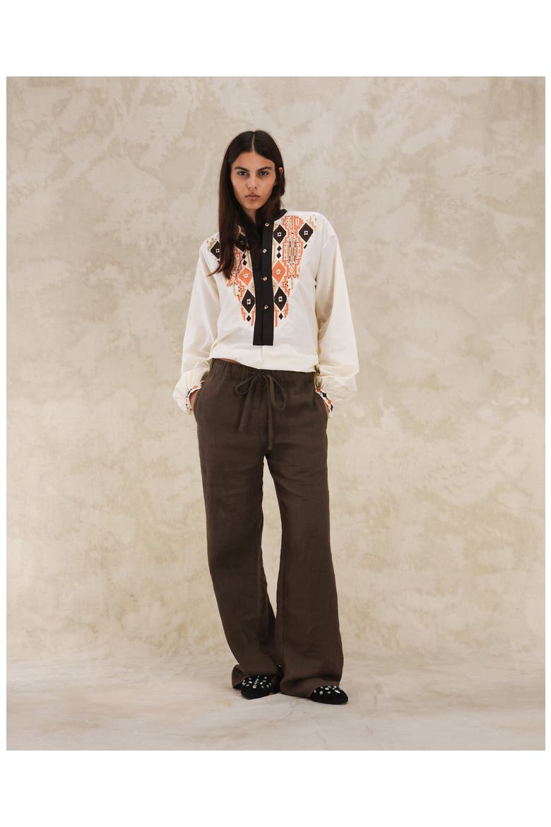 Jaleh Drawstring Linen Trousers, Alternate, color, BROWN