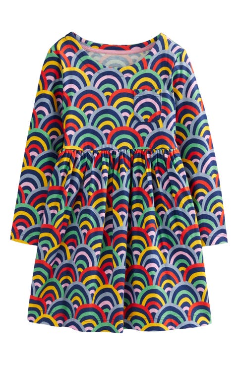 Kids' Rainbow Print Long Sleeve Cotton Jersey Dress (Toddler, Little Kid & Big Kid)
