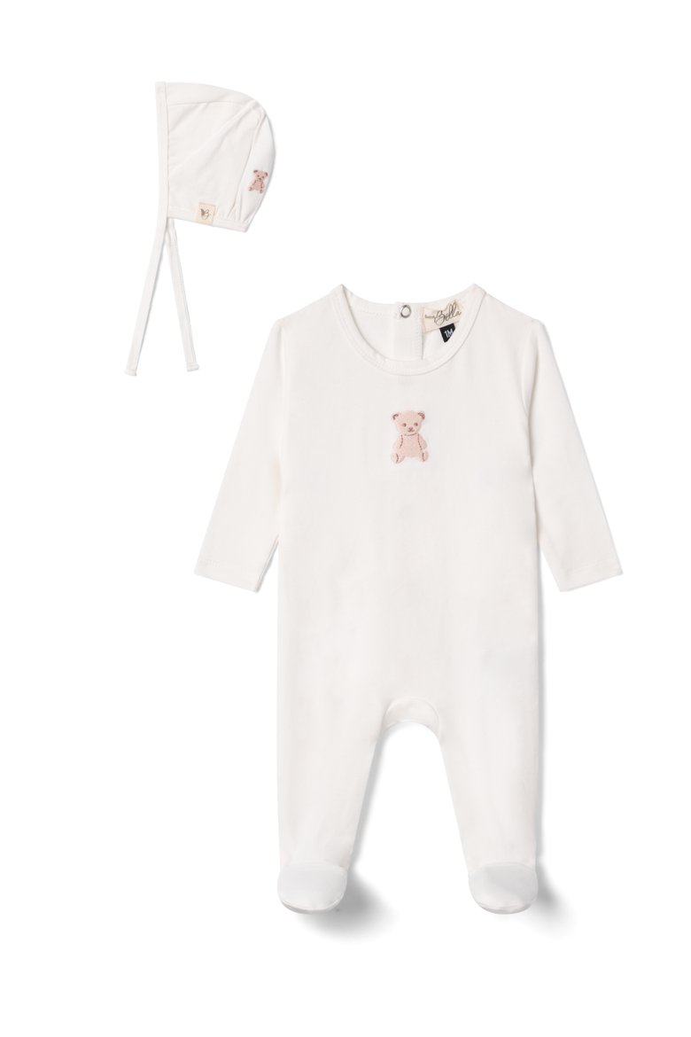 Girl Bear Embroidered Long Sleeve Romper with Matching Bonnet, Main, color, White/Pink