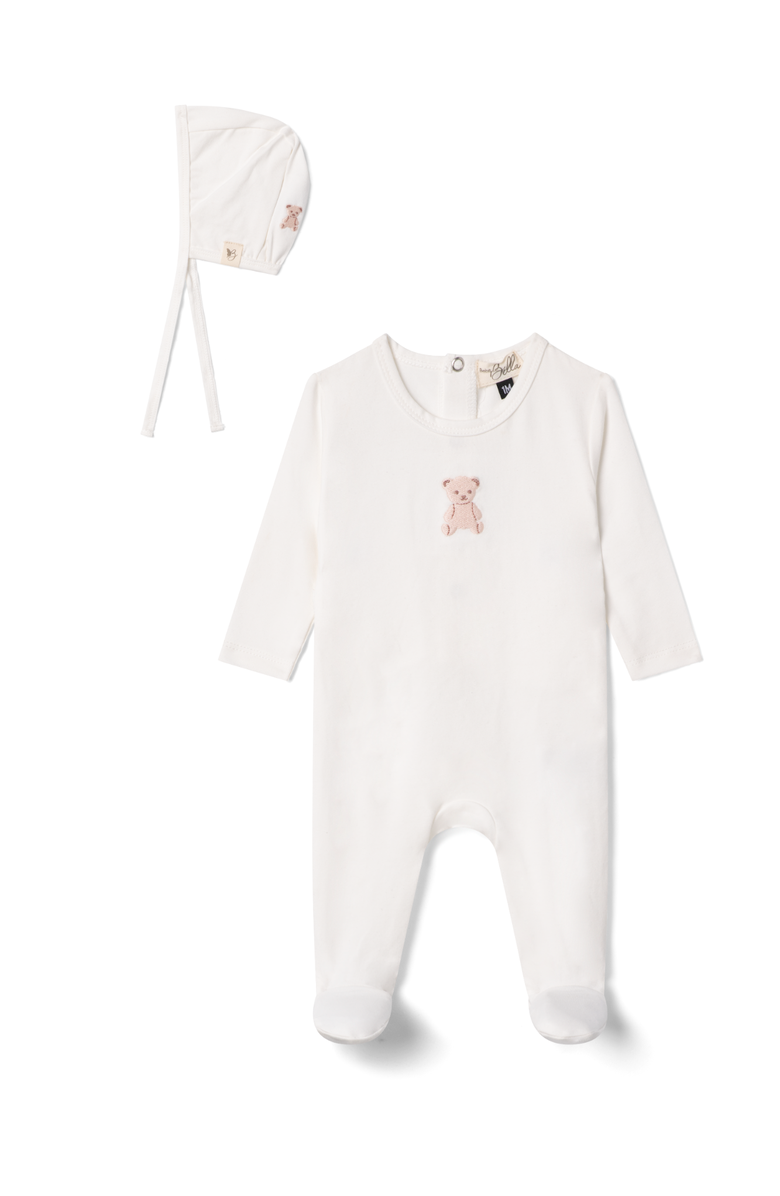 Bebe Bella Girl Bear Embroidered Long Sleeve Romper with Matching Bonnet, Main, color, White/Pink