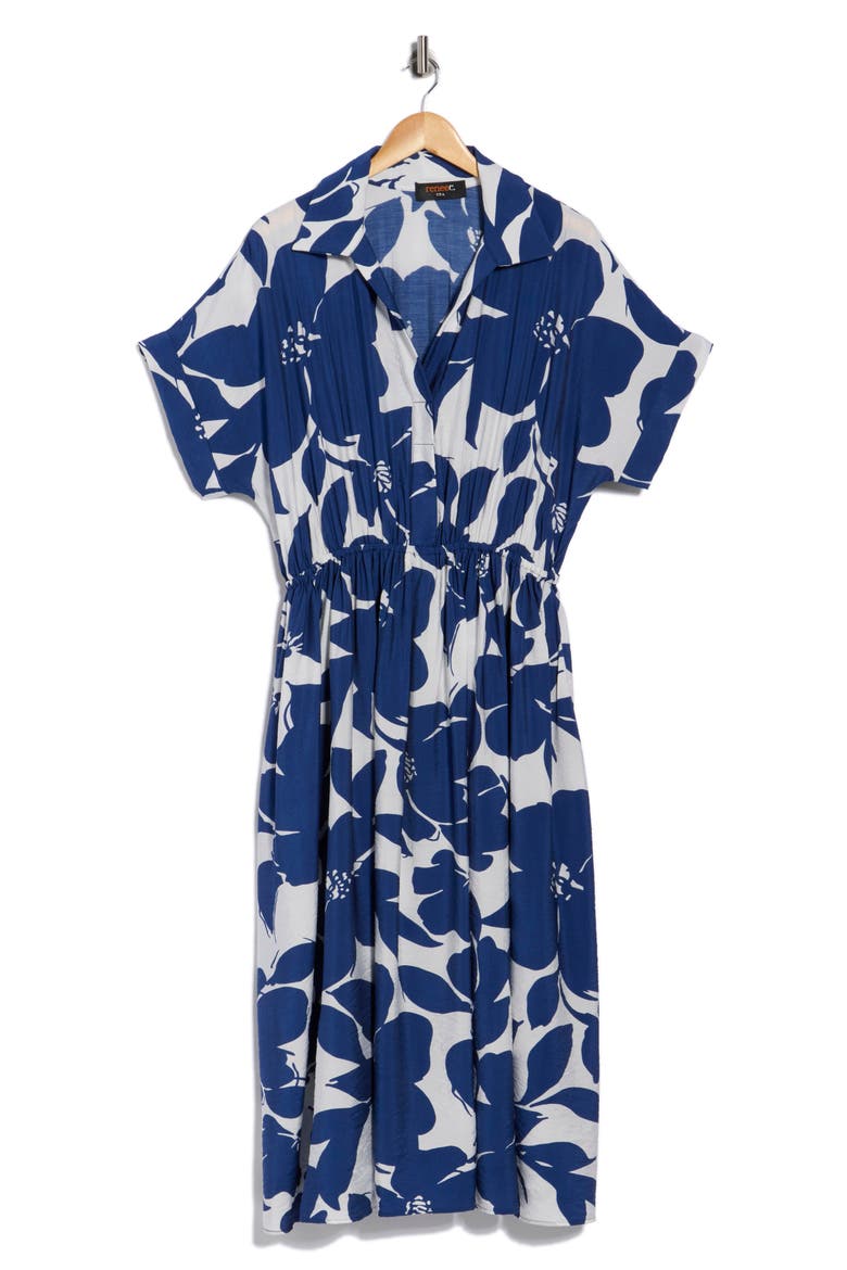 Floral Short Sleeve Midi Dress, Alternate, color, NAVY