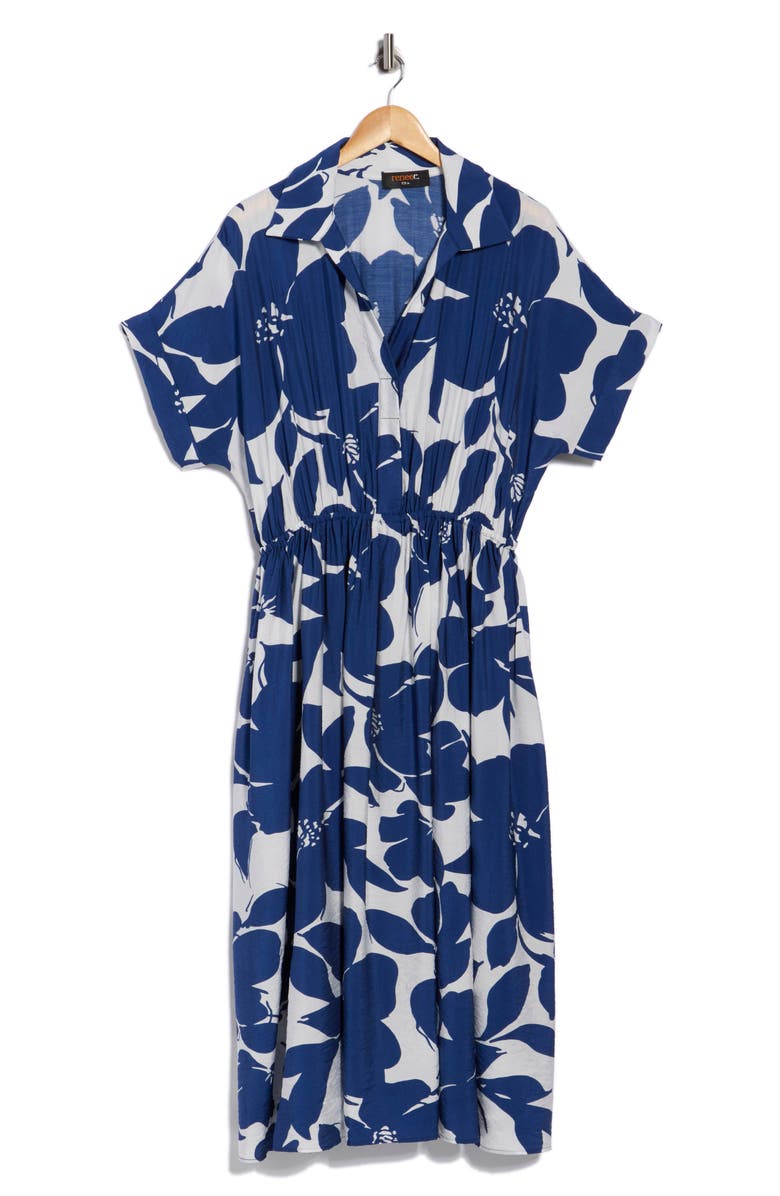 Renee C Floral Short Sleeve Midi Dress, Alternate, color, Navy