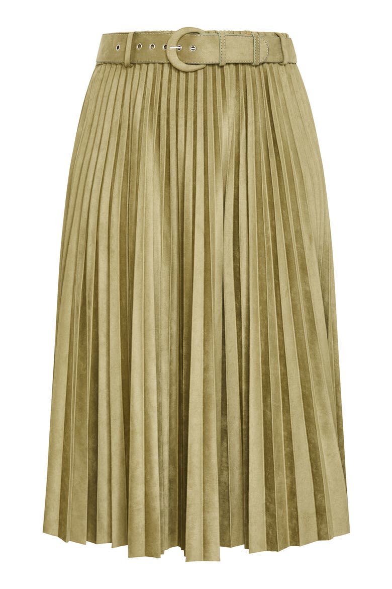 Pleated Belted Faux Suede Skirt, Alternate, color, SAGE