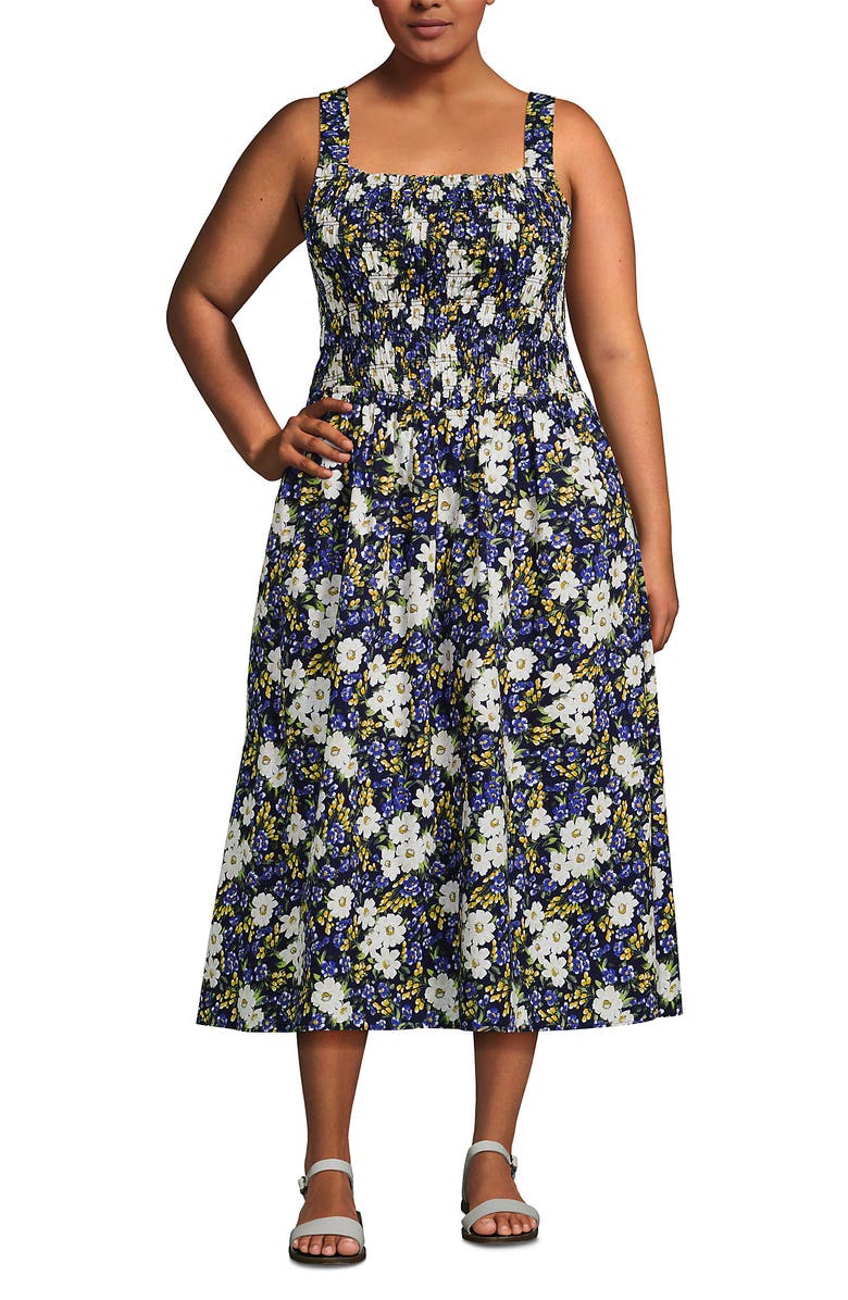 Lands' End Poplin Smocked Bodice Midi Dress, Main, color, Deep Sea Spring Floral