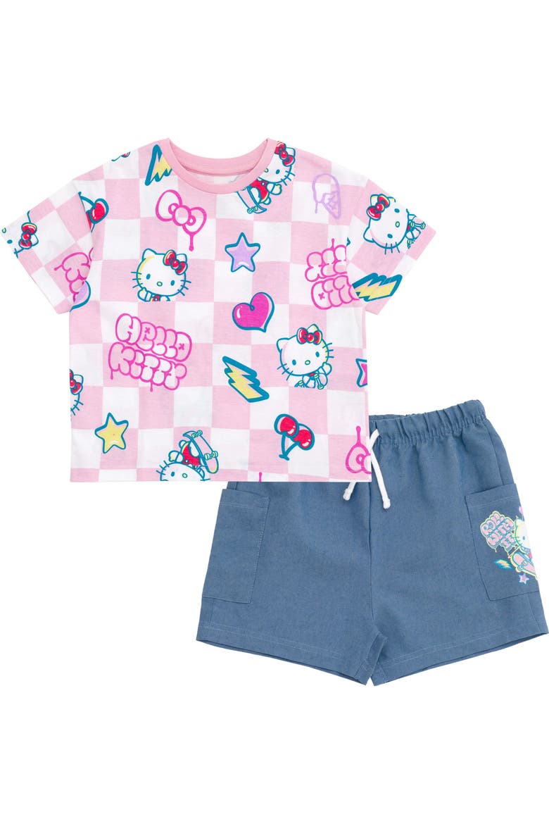 T-Shirt and Chambray Shorts Set, Main, color, Hello Kitty Pink Blue