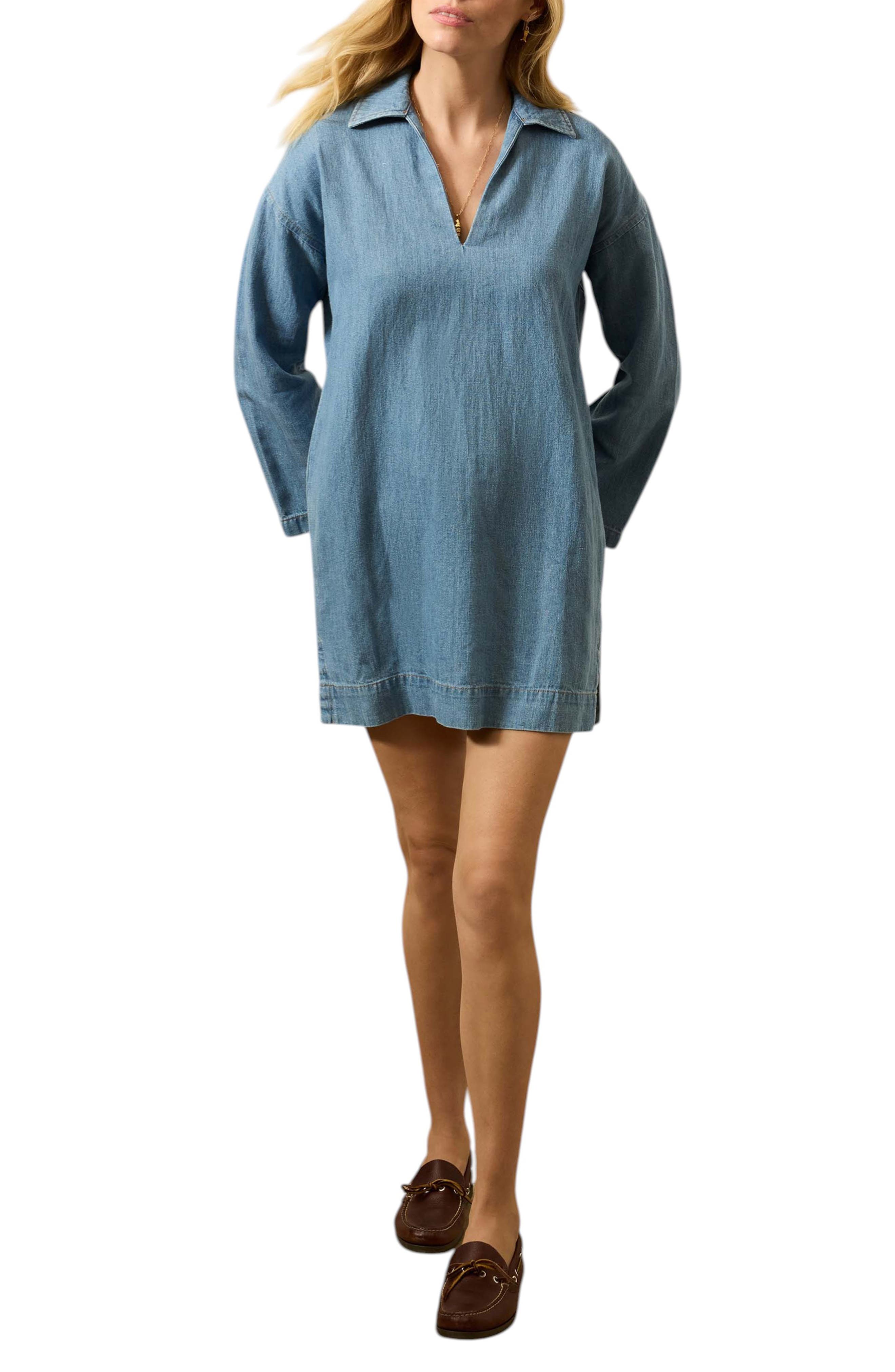 Sail Away Long Sleeve Organic Cotton & Linen Denim Mini Shirtdress