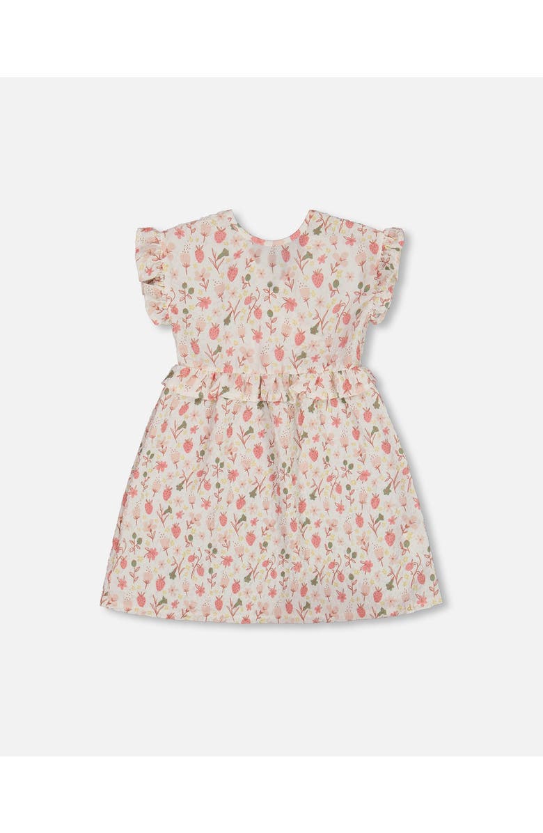 Deux par Deux Little Girl's Printed Seersucker Dress With Frill Pink Flowers On Cream Background, Main, color, Pink Flowers On Cream
