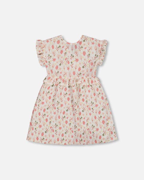 Little Girl's Printed Seersucker Dress With Frill Pink Flowers On Cream Background