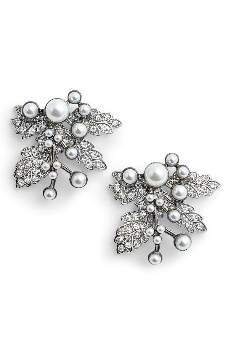 Badgley Mischka Collection Badgley Mischka Imitation Pearl Crystal Leaf Earrings, Main, color, 