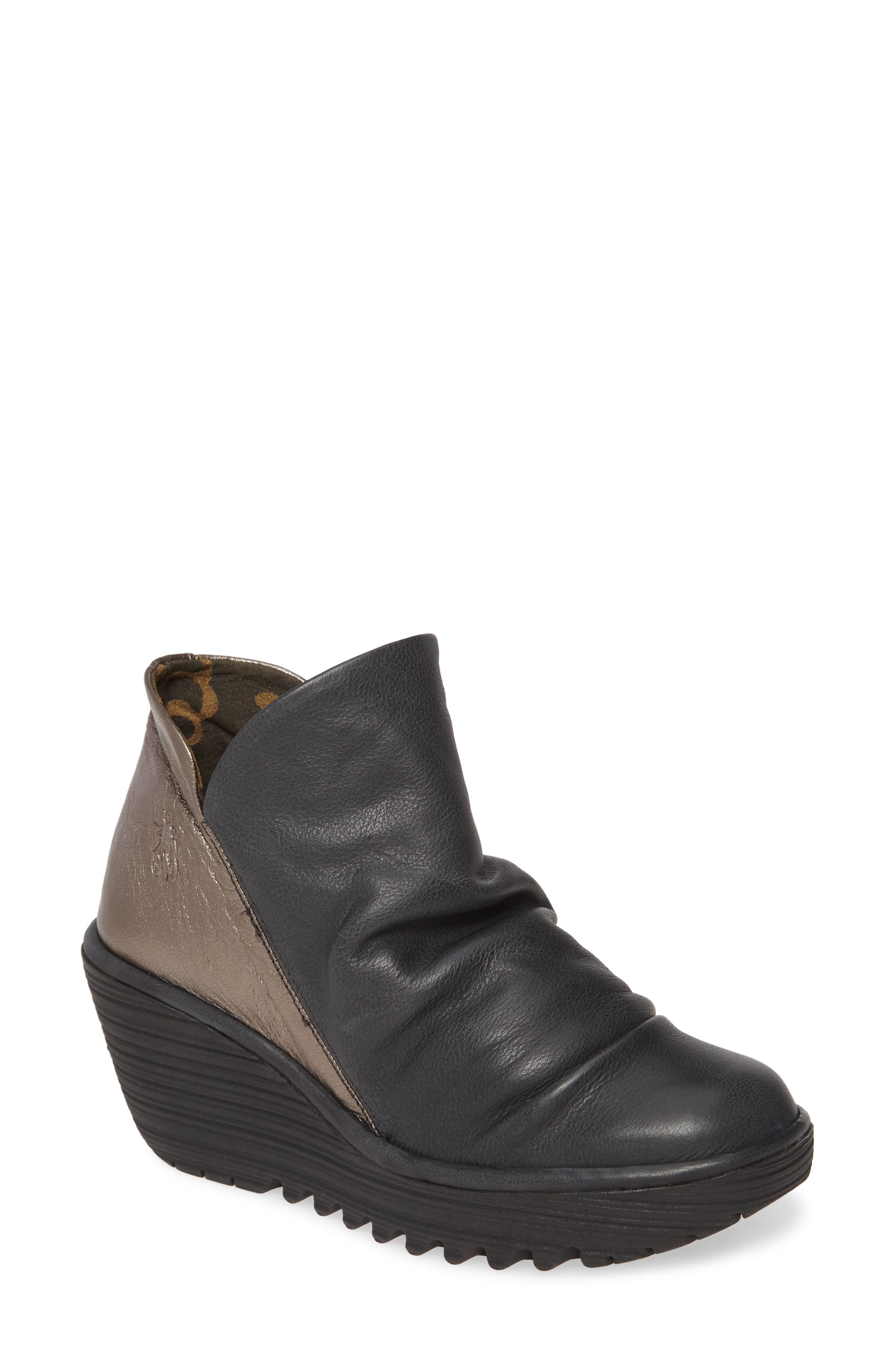 Yip Wedge Bootie, Main, color, BLACK/ BRONZE LEATHER