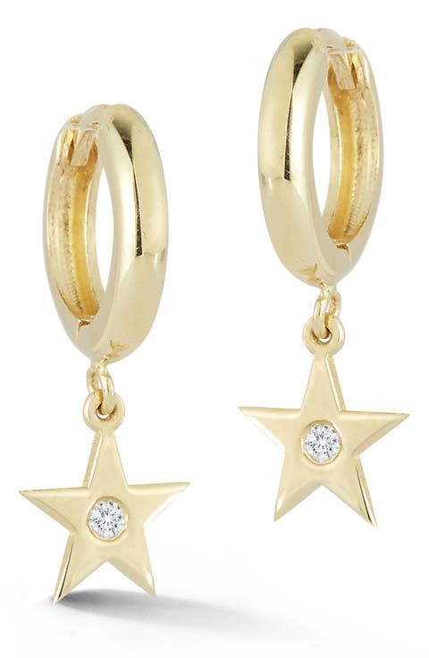 14K Gold Diamond Star Drop Earrings - 0.02ct.