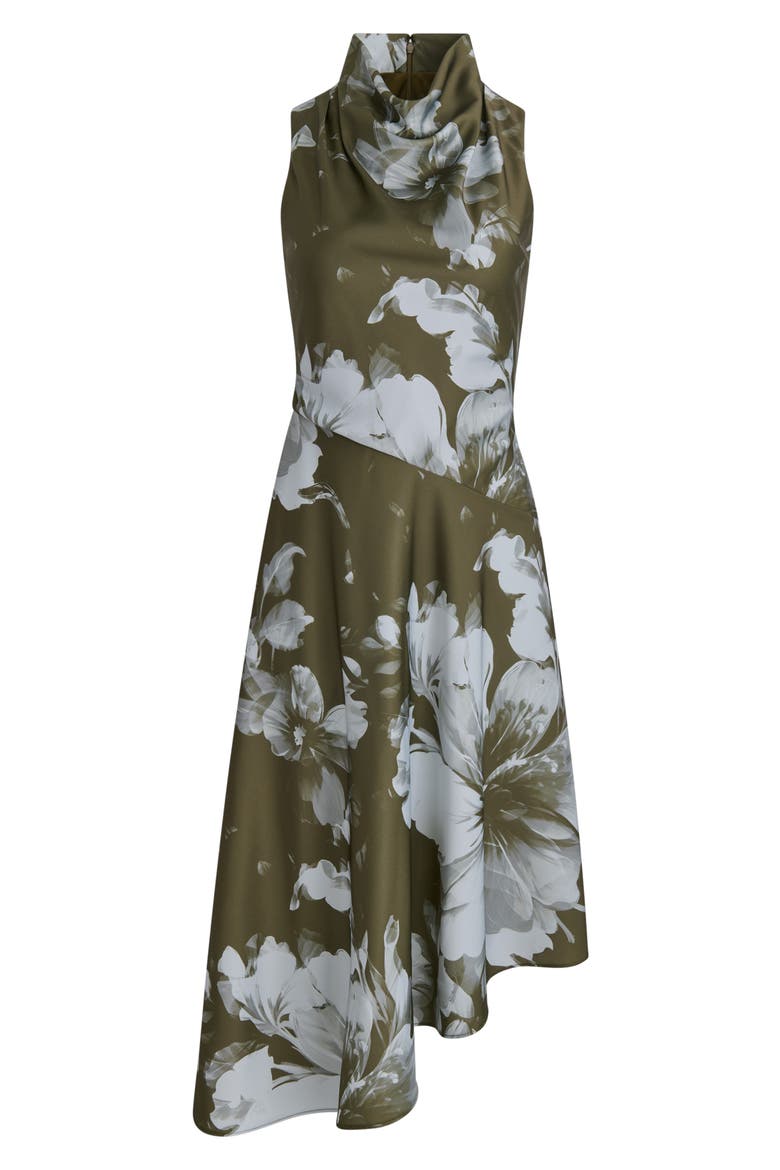 Floral Print Asymmetric Midi Dress, Alternate, color, ANTIQ GREE