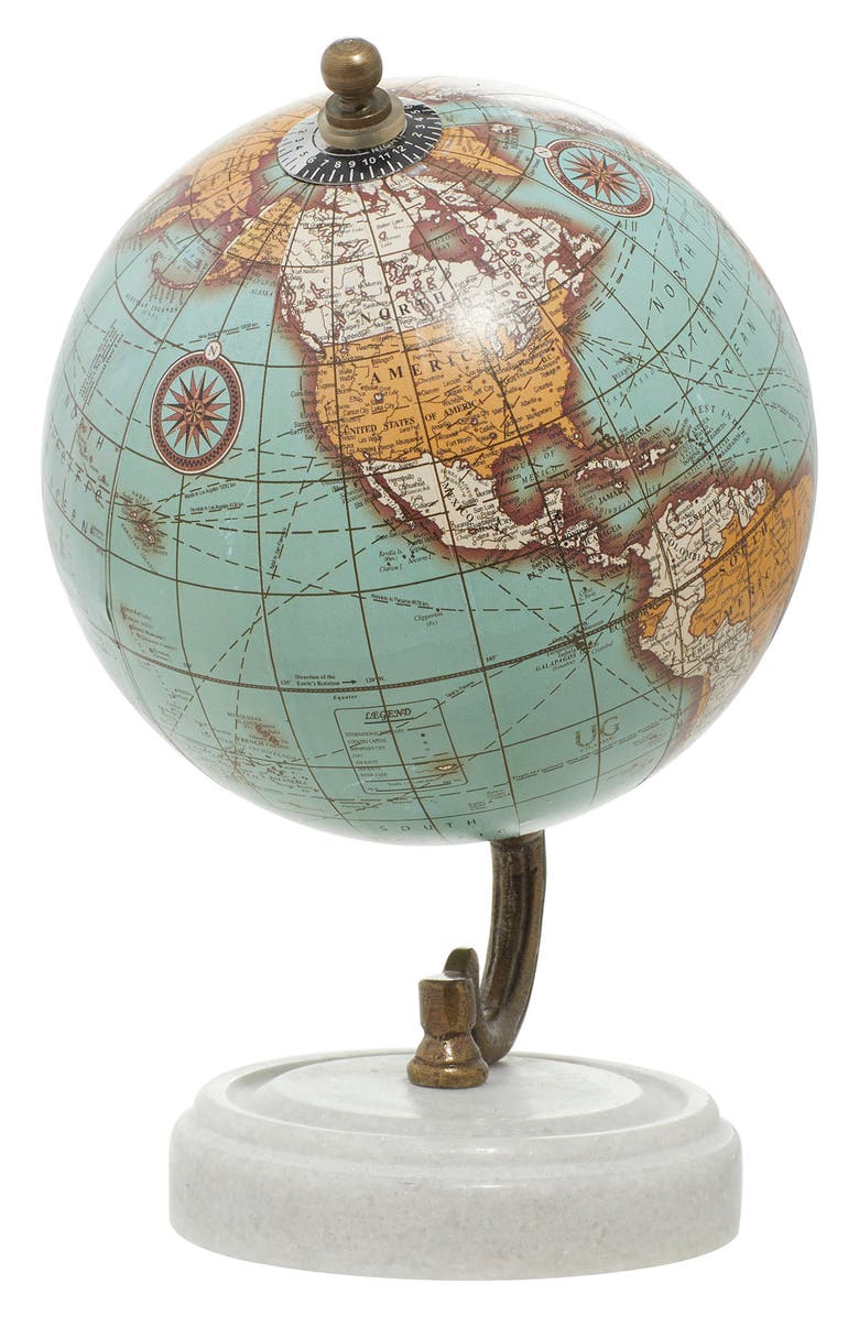 GINGER BIRCH STUDIO Teal Marble Globe with Marble Base, Alternate, color, Aquamarine