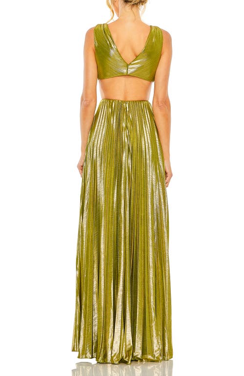 Mac Duggal Pleated Metallic Cutout Bodice With Open Back Gown In Chartreuse