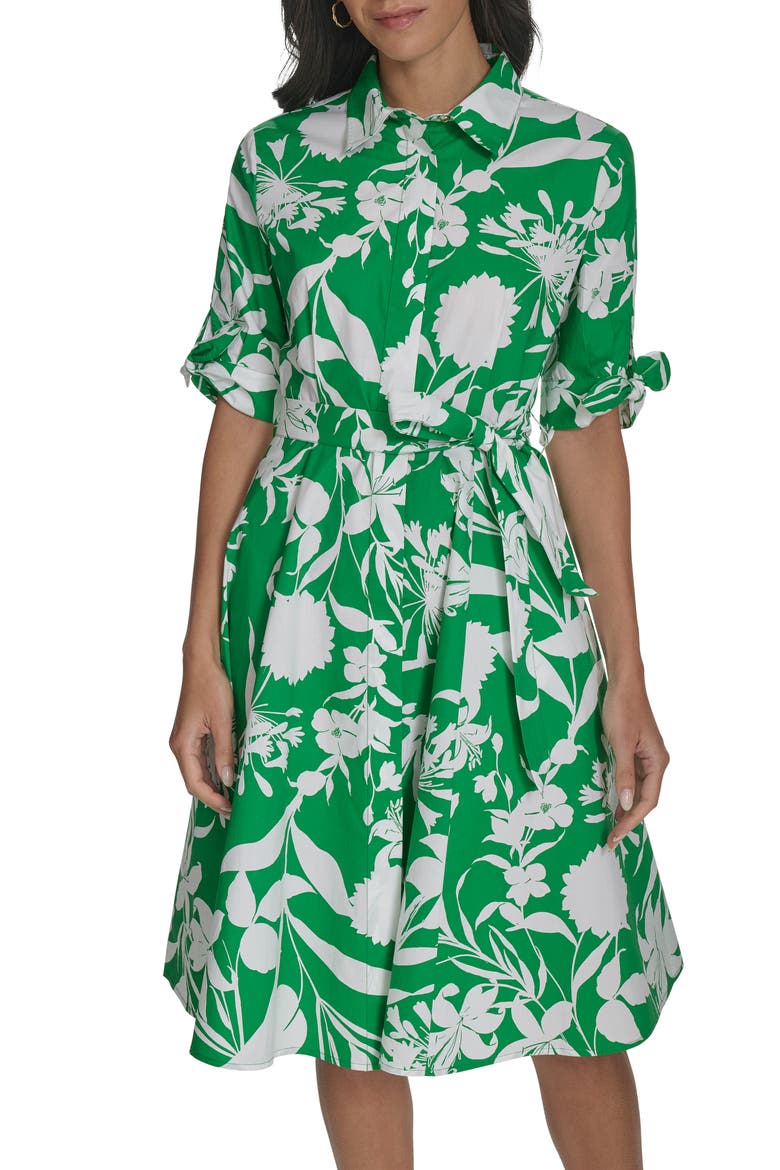 Floral Tie Sleeve Cotton Shirtdress, Main, color, FERN WHITE