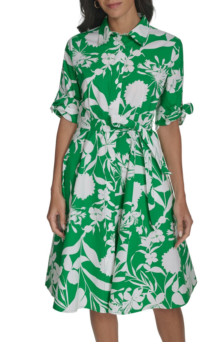 Calvin Klein Floral Tie Sleeve Cotton Shirtdress, Main, color, 