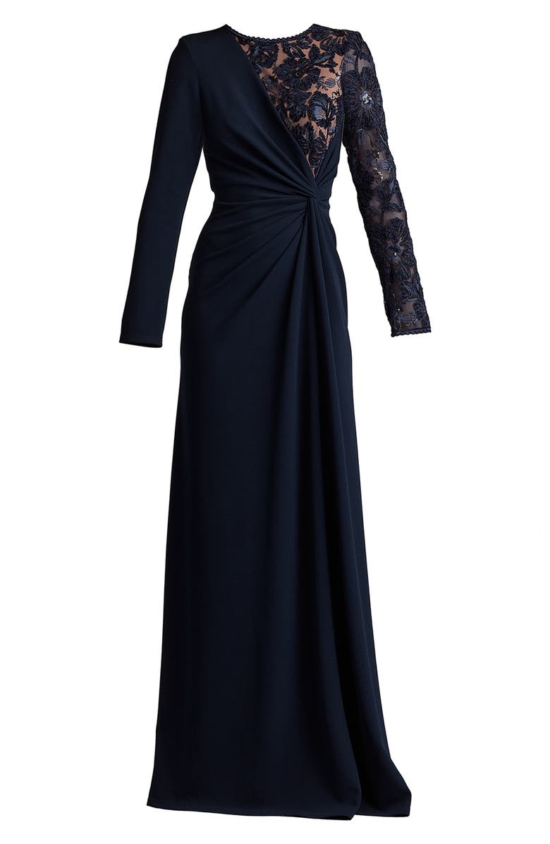 Tadashi Shoji Lace & Sequin Long Sleeve Gown, Alternate, color, Navy/ Nude