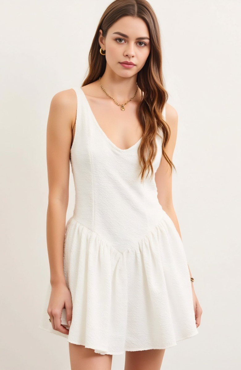 Modenaire Textured Sleeveless V-Neck Mini Dress with Flowy Drop Waist, Alternate, color, White