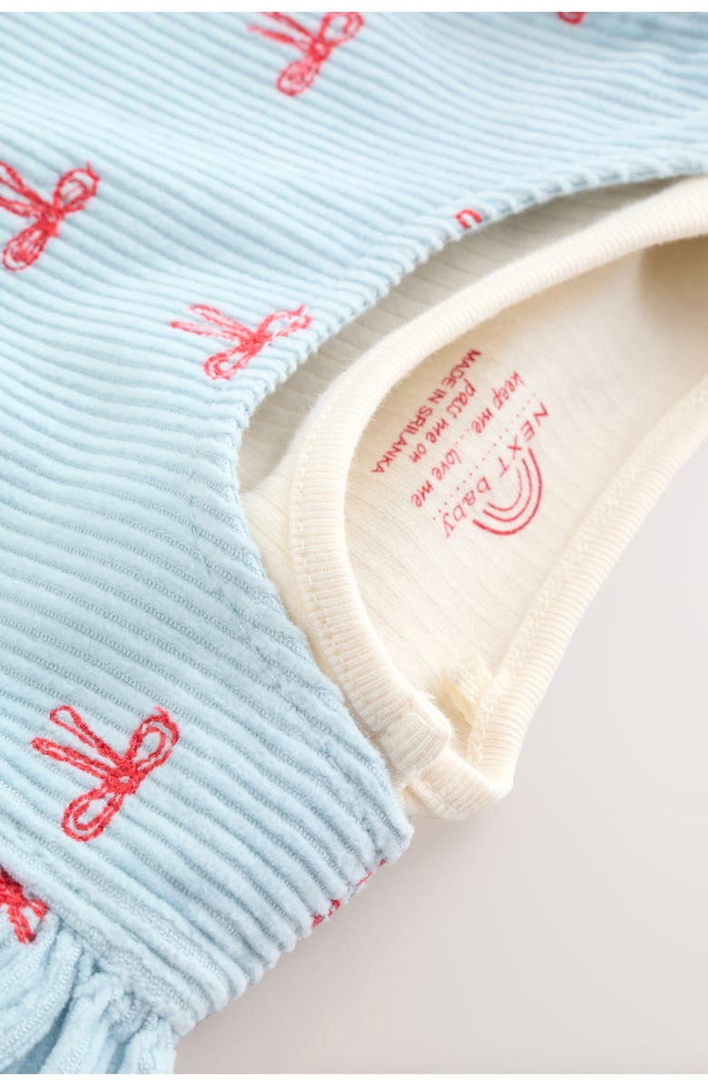 NEXT Bow Corduroy Pinafore Dress, Bodysuit & Socks Set, Alternate, color, Blue